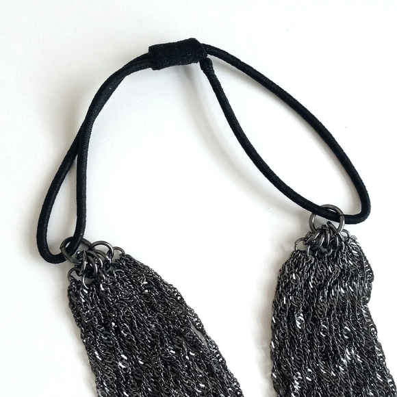 Art Deco Women's Multi-Strand Pewter Black Chainlink Headband w Elastic Band - Picture 3 of 13